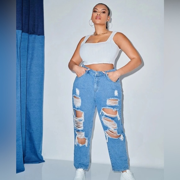 SHEIN Light Blue Ripped Boyfriend Jeans - Picture 1 of 6